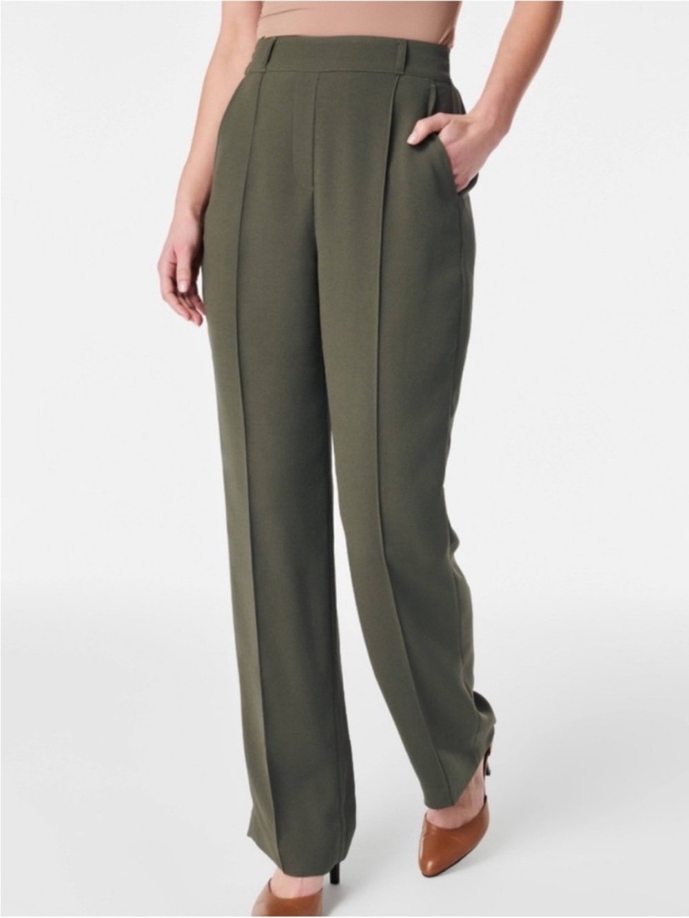 Spanx Carefree Crepe Pleated Trouser Olive wide leg pull on pants plus size 3X